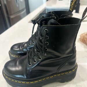 Dr. Martens Black Lace-Up Platform Combat Boots with Yellow Stitching